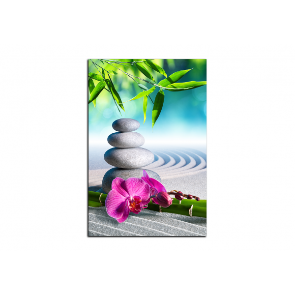 Obraz na plátně - Květ orchideje a zen kameny v zahradě - obdélník